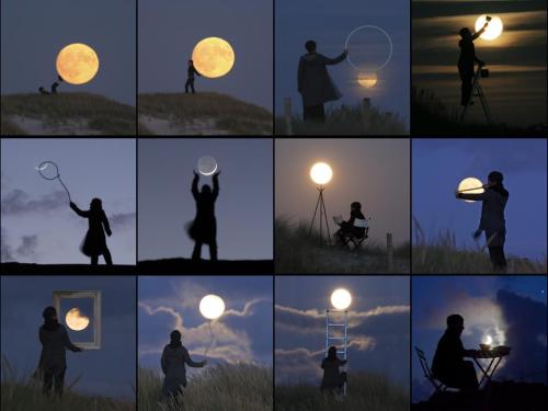 A series of photographs of people doing cool stuff with the Moon, to make it look like the Moon is within reach.